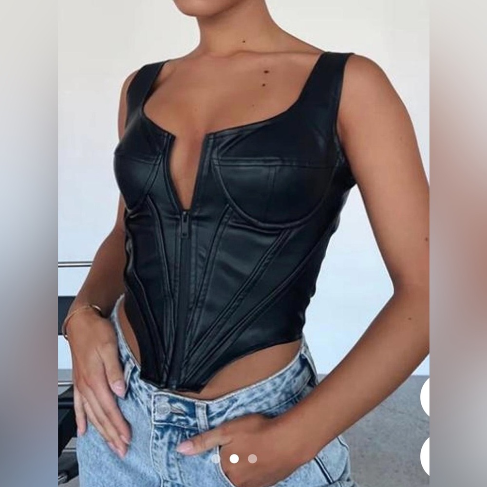 White Fox Boutique Black Faux Leather Bustier Crop Bodysuit . Small. Brand new.